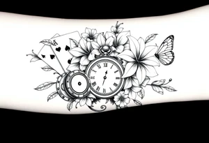 Casino only theme , poker chips deck of cards dice a pocket watch
 with lily flowers
 with raindrop swirls and butterfly’s tattoo idea