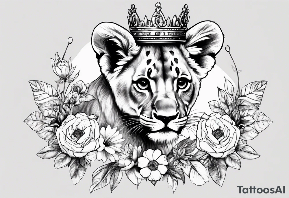 Lion Cub with crown and flowers tattoo idea