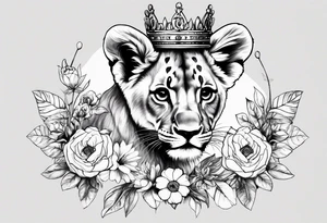 Lion Cub with crown and flowers tattoo idea