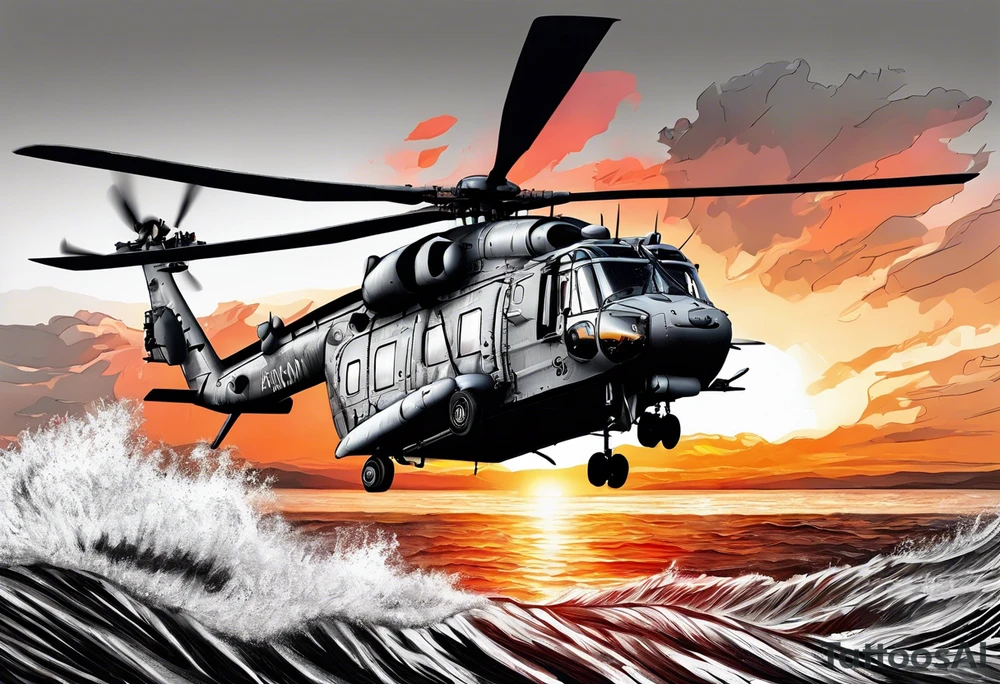 canadian military grey helicopter cyclone CH-148, a helicopter flying over rough water, Clear sky, sunset
, military art, ocean specular, highly detailed background, poppy flower tattoo idea