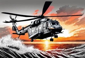 canadian military grey helicopter cyclone CH-148, a helicopter flying over rough water, Clear sky, sunset
, military art, ocean specular, highly detailed background, poppy flower tattoo idea