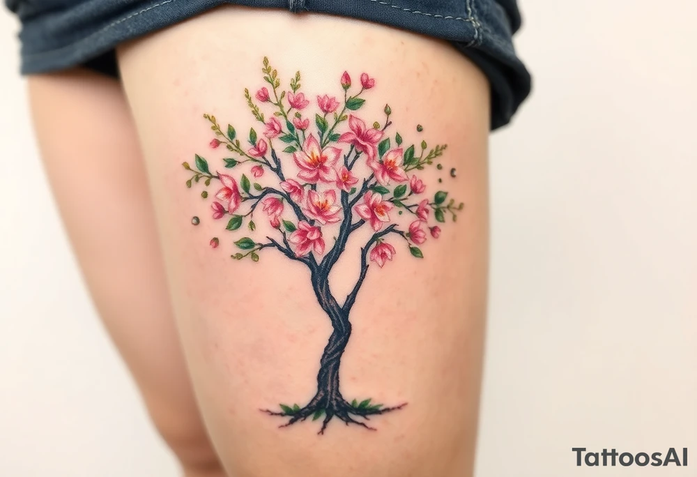 Flowering Hawthorn tree with  lillys planted on each side of the Hawthorn tree and   lily plants tattoo idea