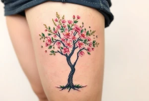 Flowering Hawthorn tree with  lillys planted on each side of the Hawthorn tree and   lily plants tattoo idea