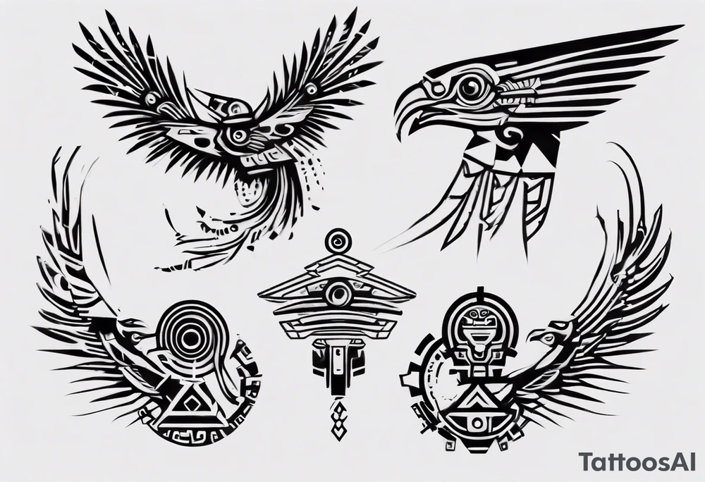minimalist cyberpunk Mayan inspired Quetzal tattoo idea