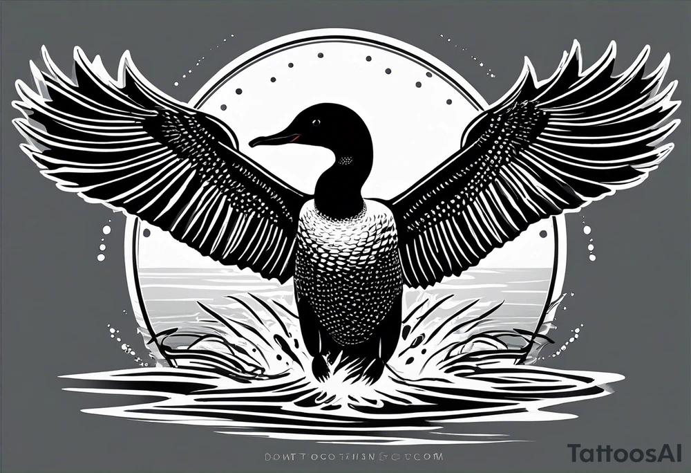 A North American common loon looking majestic as it spreads its wings in the water. On the mid-upper thigh. Don’t have a background. Make sure it is just the loon. The image should be face directly at the loon’s chest. tattoo idea