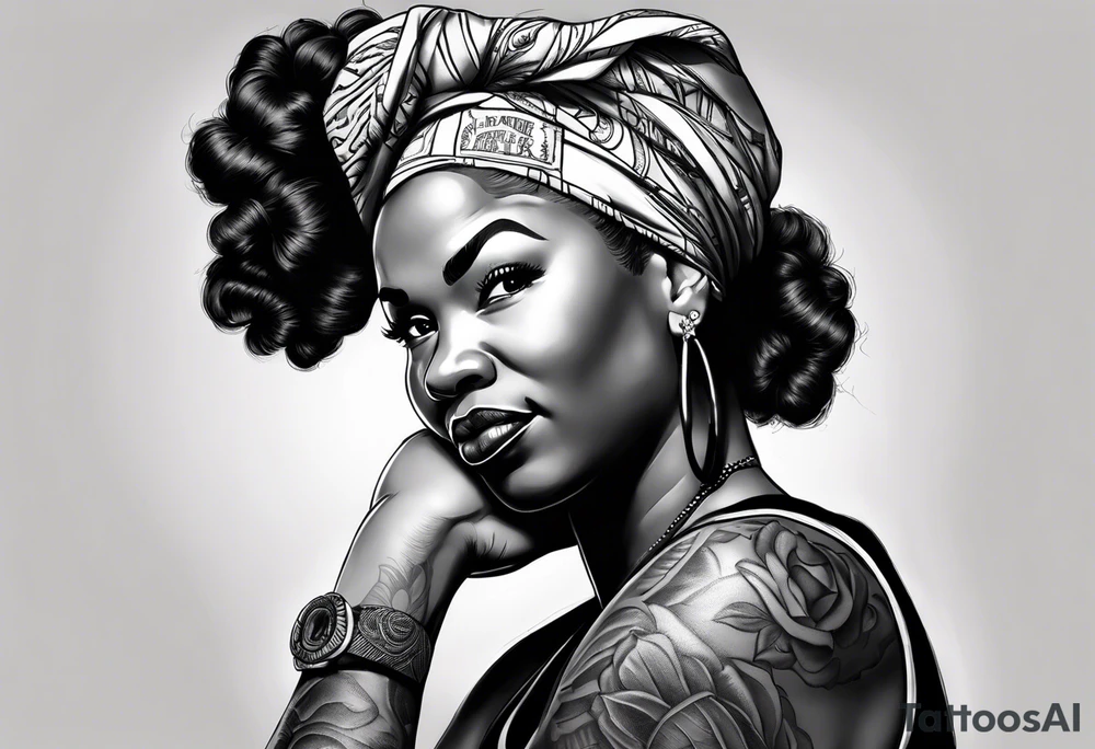 Beautiful black Rosie the riveter, making a muscle, realistic, wearing a bandanna, tied backwards,single mom, perseverance, dedication, loyal, African, strength, matriarch, tattoo idea