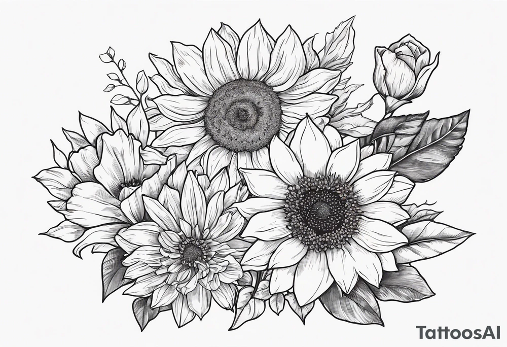 Sunflower daffodil, daisy, rose, Adler, chrysanthemum, holly Birth flower tattoo idea