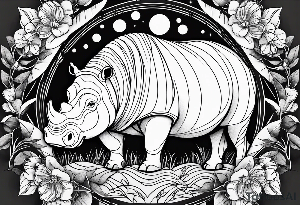 Very asymmetrical, +geometric pattern, with realistic full moon, with seeious looking hippo,,
with wintersweet flower bud, +portrait orientation, +inkart touch, tattoo idea