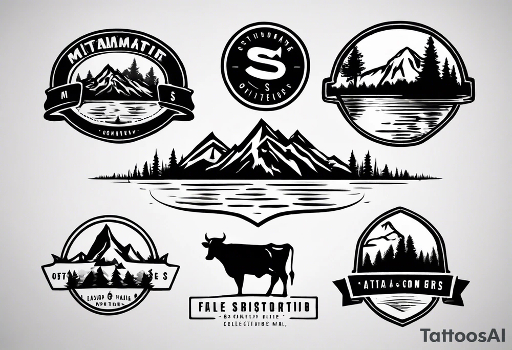 A logo for an outdoors company that includes an "S" and an "M". Includes a mountain, a lake, some trees, and a cow tattoo idea