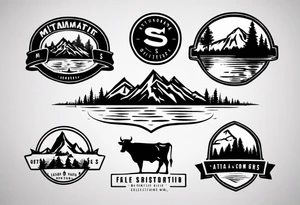 A logo for an outdoors company that includes an "S" and an "M". Includes a mountain, a lake, some trees, and a cow tattoo idea