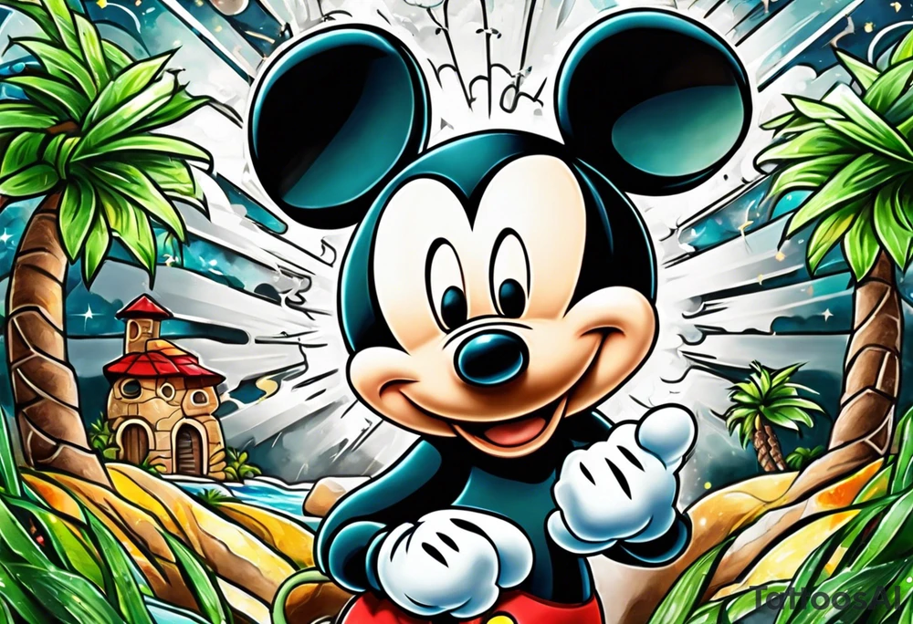 mickey mouse in a lightning storm with palm trees and the celtic symbol for family tattoo idea