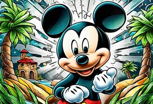 mickey mouse in a lightning storm with palm trees and the celtic symbol for family tattoo idea