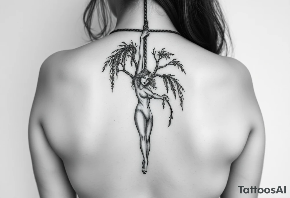 naked plus sized sexy woman hanging with a rope around her neck dying from aweeping willow tree tattoo idea