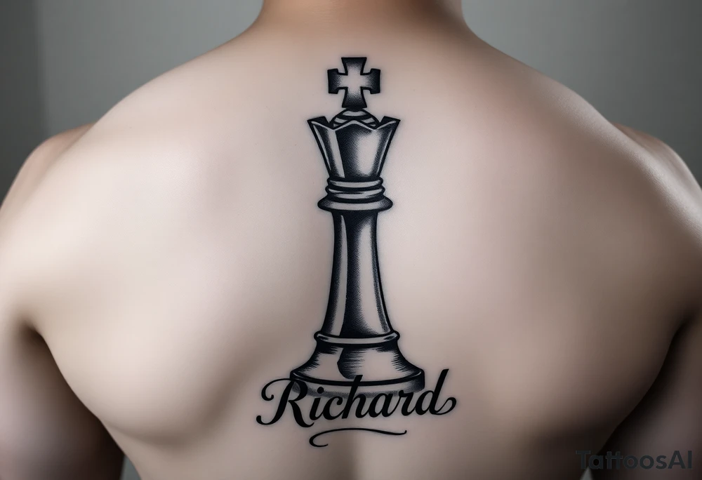 The king chess piece with the name Richard incorporated into the bottom of the piece tattoo idea