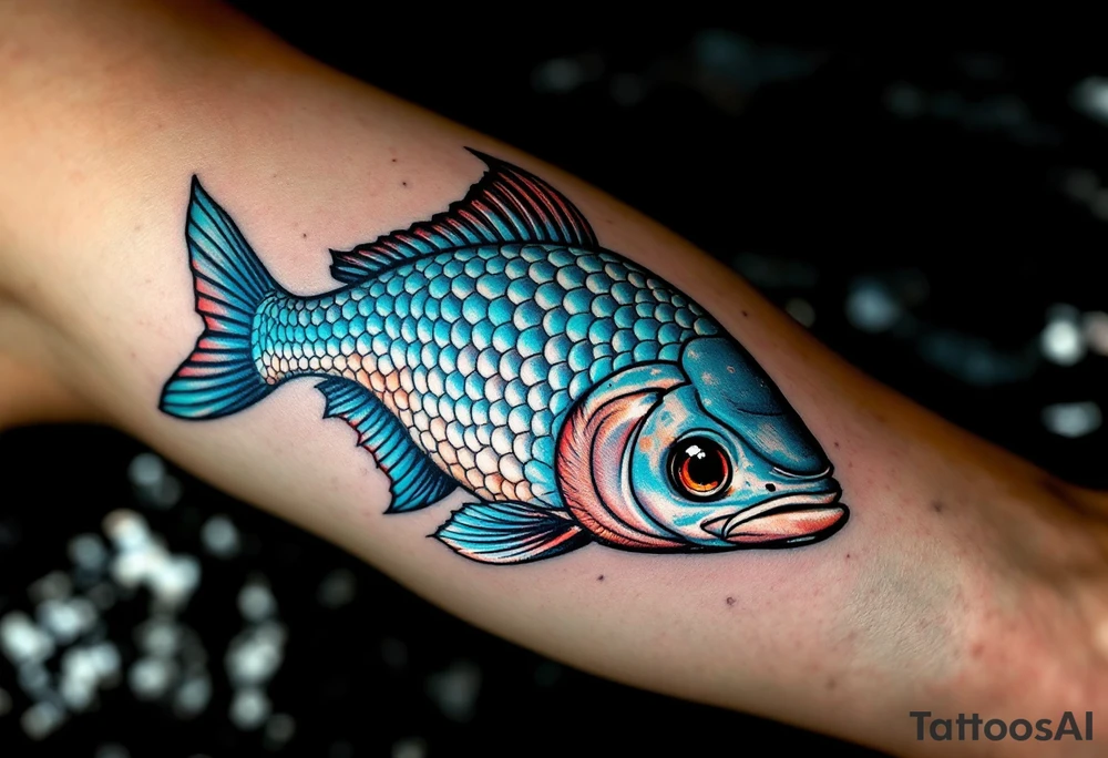 Catfish in Motion – A sleek, dynamic catfish swimming with silvery-blue scales, accented by soft teal fins and rippled water lines in the background. tattoo idea