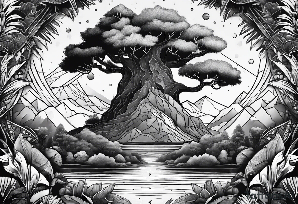jungle vs space with yggdrassil in triangle tattoo idea