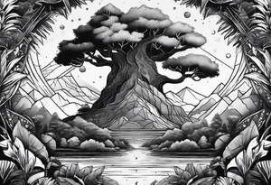 jungle vs space with yggdrassil in triangle tattoo idea