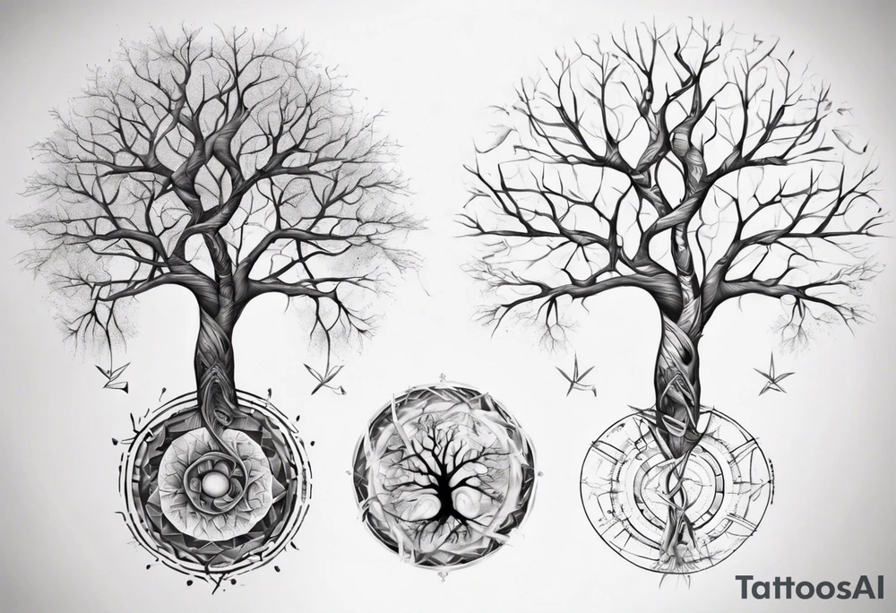 Tree with no leaves with it's main trunk main of DNA with geometic work on sides tattoo idea Tree with no leaves with it's main trunk main of DNA with geometic work on sides tattoo idea