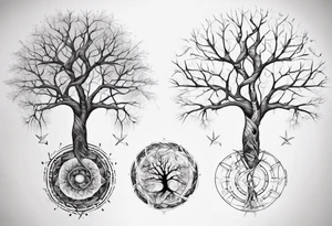 Tree with no leaves with it's main trunk main of DNA with geometic work on sides tattoo idea