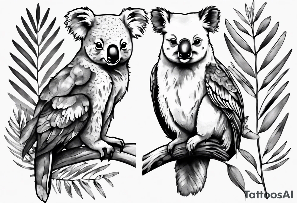 a koala and a kookaburra sitting on wattle and eucalyptus leaves tattoo idea