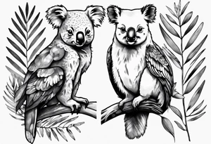 a koala and a kookaburra sitting on wattle and eucalyptus leaves tattoo idea