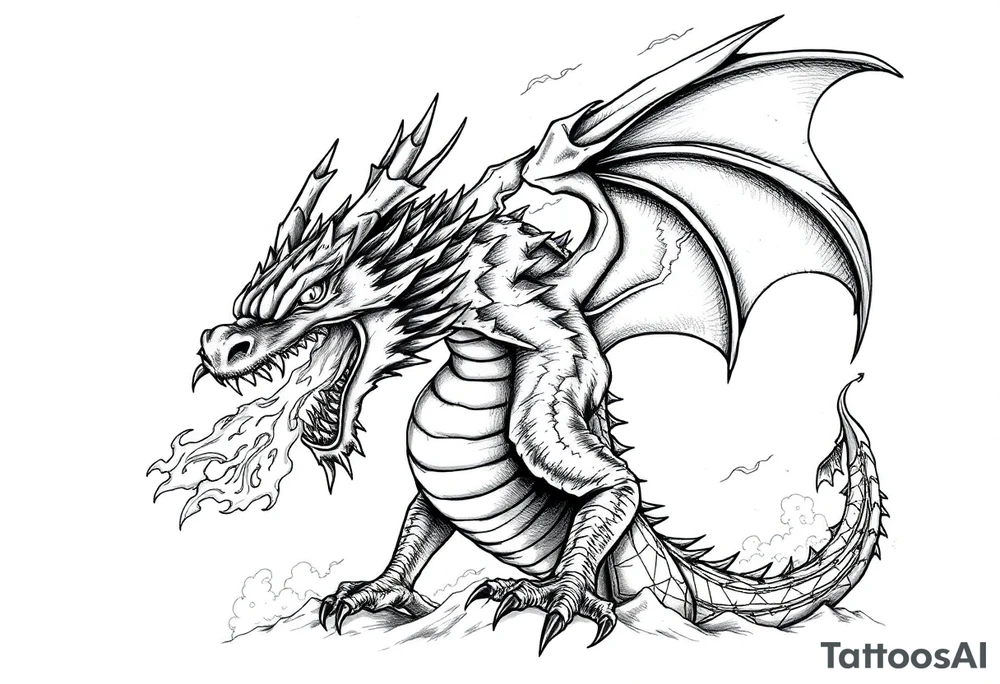 fierce dragon breathing iridescent fire against stormy skies tattoo idea