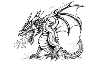 fierce dragon breathing iridescent fire against stormy skies tattoo idea
