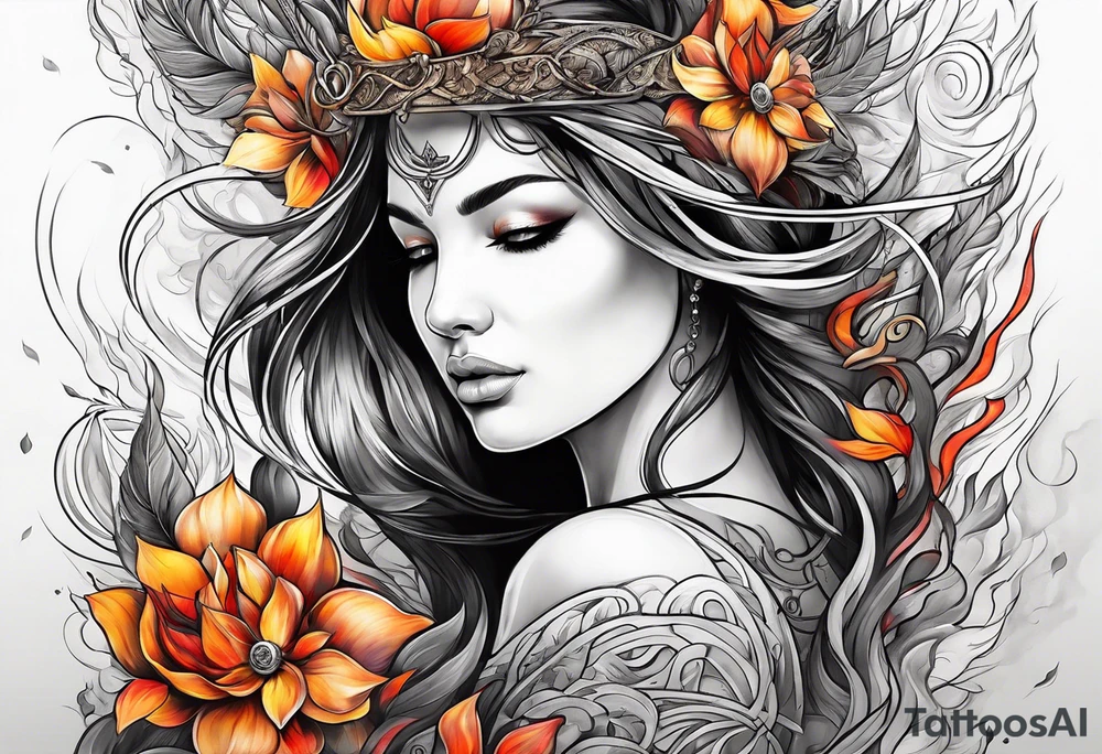 Resurrection strength and courage Beautiful Woman walking through fire and chaos to inner peace and self-love  ethereal tattoo idea