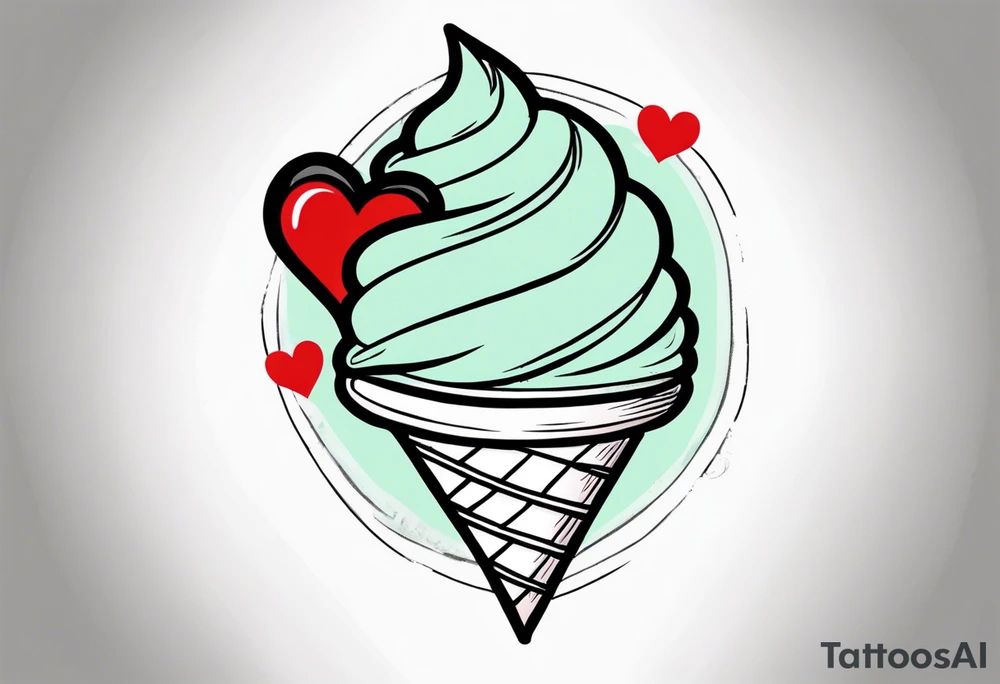 mint chocolate chip ice cream cone with small red heart on it somewhere. tattoo idea