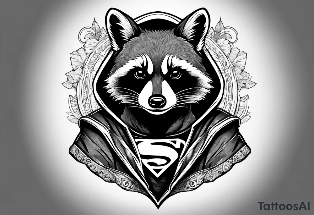 raccoon wearing a Superman hoodie tattoo idea