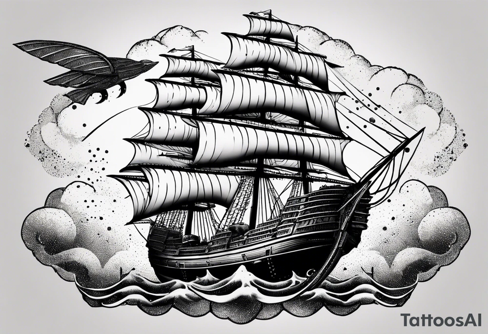 Air ship with tattered sails flying through a stormy sky tattoo idea