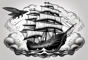 Air ship with tattered sails flying through a stormy sky tattoo idea
