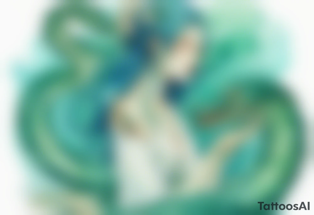 a blue-green naiad in a white tunic next to a sea serpent tattoo idea