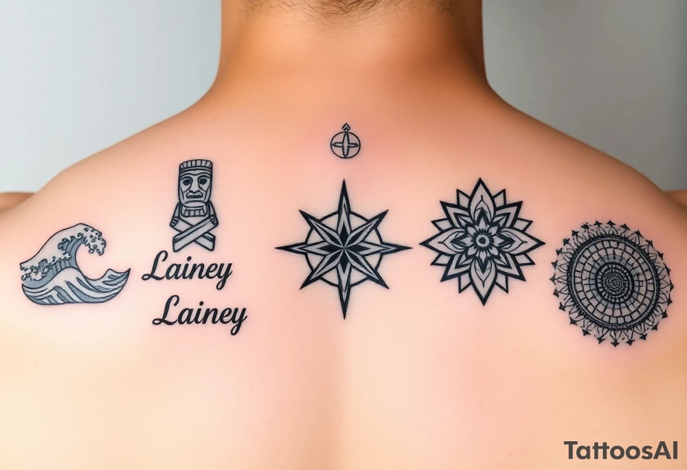 Polynesian symbols of waves, spearheads and tiki, scandanvian compass, igbo patterns symbolizing resilience, Native American circle representing wholeness. The names Lainey, Kainoa and Maya tattoo idea