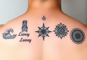 Polynesian symbols of waves, spearheads and tiki, scandanvian compass, igbo patterns symbolizing resilience, Native American circle representing wholeness. The names Lainey, Kainoa and Maya tattoo idea