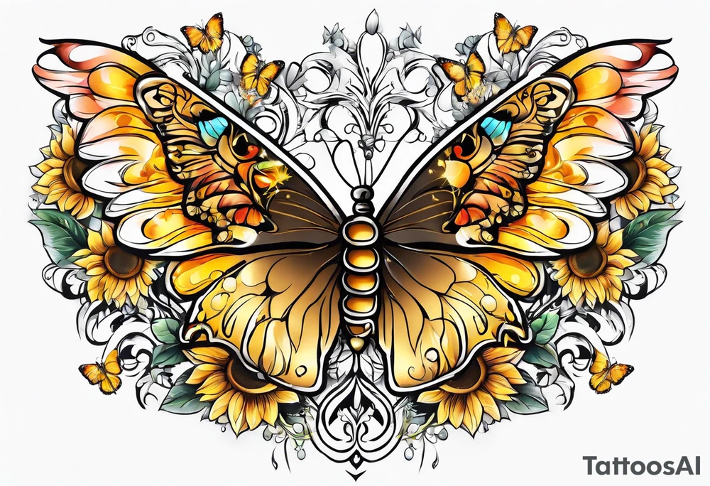 Sleeve with angel wings, sunflower and butterfly tattoo idea
