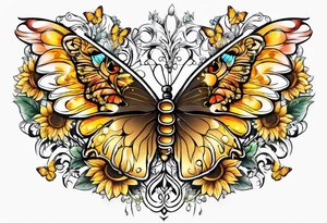 Sleeve with angel wings, sunflower and butterfly tattoo idea