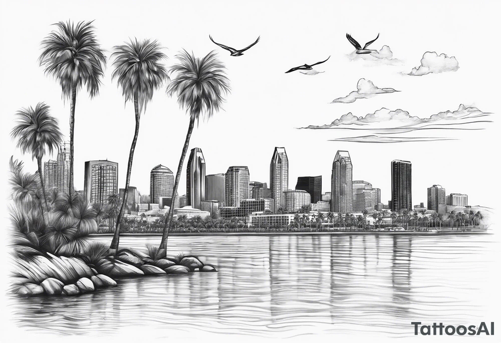 Water leading up to the San Diego skyline with palm trees tattoo idea
