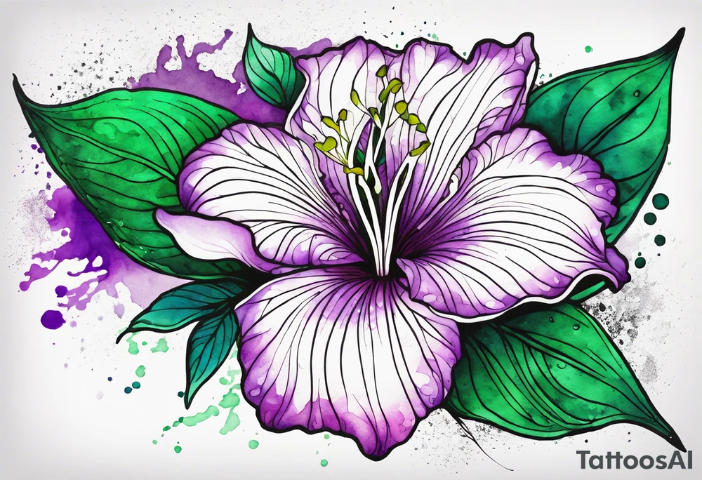 A mystical outline of a rio dipladenia flower and a green/purple watercolor splash in the background tattoo idea