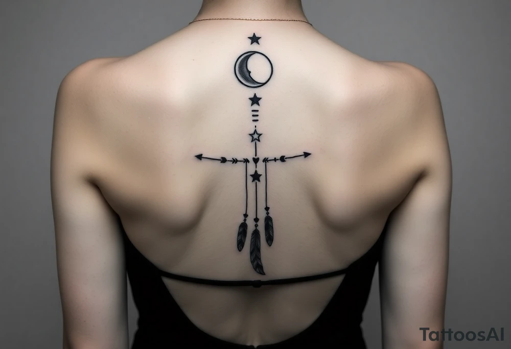 Narrow vertical memorial chain of symbols made of a moon, stars symbolizing loss, a brother and sister bond, and strength in a native script style following down the spine in with 3 vertical different lengths flowing lines made of a discreet connection of morse code ".--- .- --.     .-.. ... -.- .- .-.   -.. .. --.     .-.. .. .-.. .-.. . -... .-. --- .-. forming 3 arrow shapes connected to 3 flowing feathers hanging from the end of the morse code lines tattoo idea