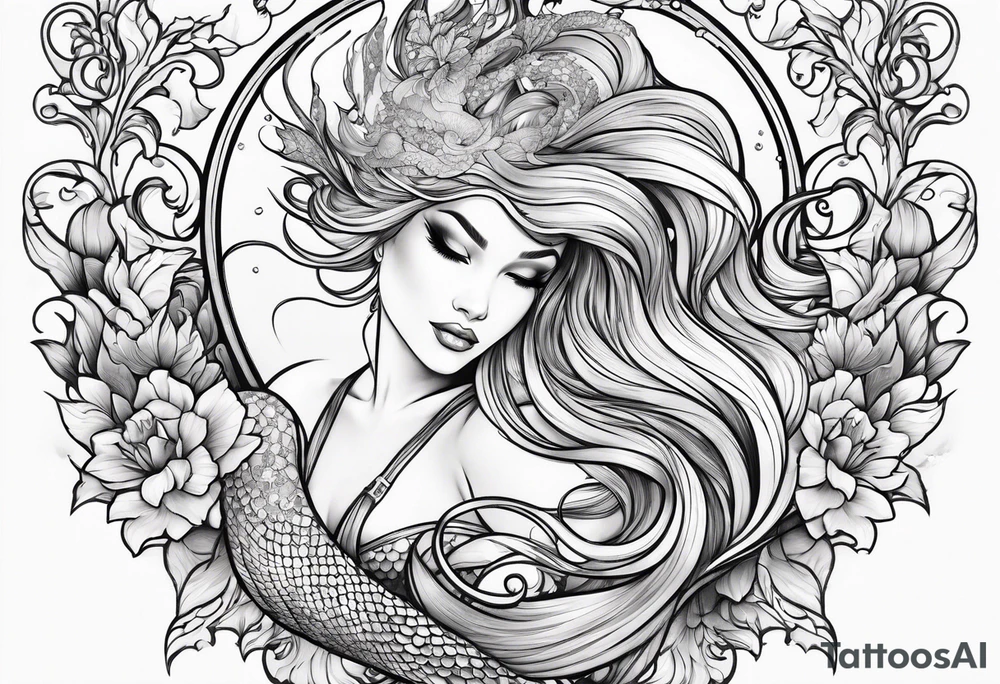 sexy full bodied mermaid with flowing tail and hair, tattoo sleeve tattoo idea