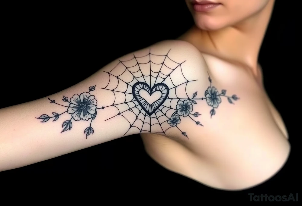 spiderweb with heart and flowers tattoo idea