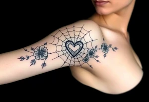 spiderweb with heart and flowers tattoo idea