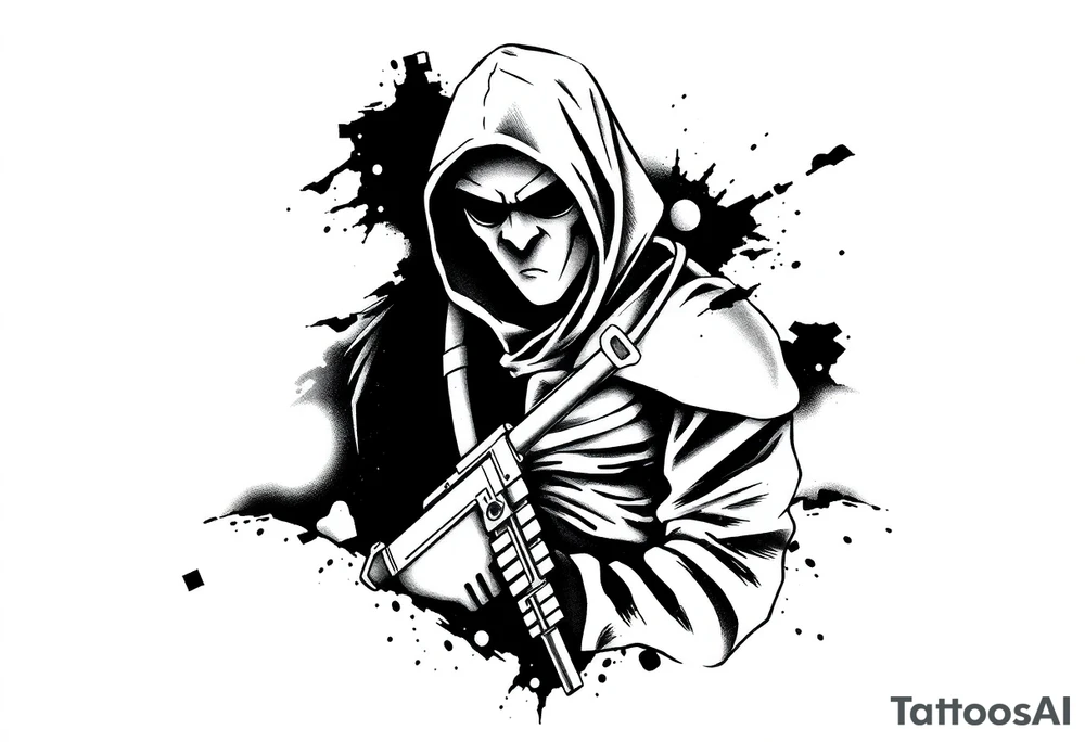 Minimalist covert operative symbolism representing loyalty and survival, faceless soldier silhouette emerging from darkness, torn fabric, subtle scars, controlled posture, black and grey realism, emotional restraint, understated strength, tattoo sleeve element. tattoo idea