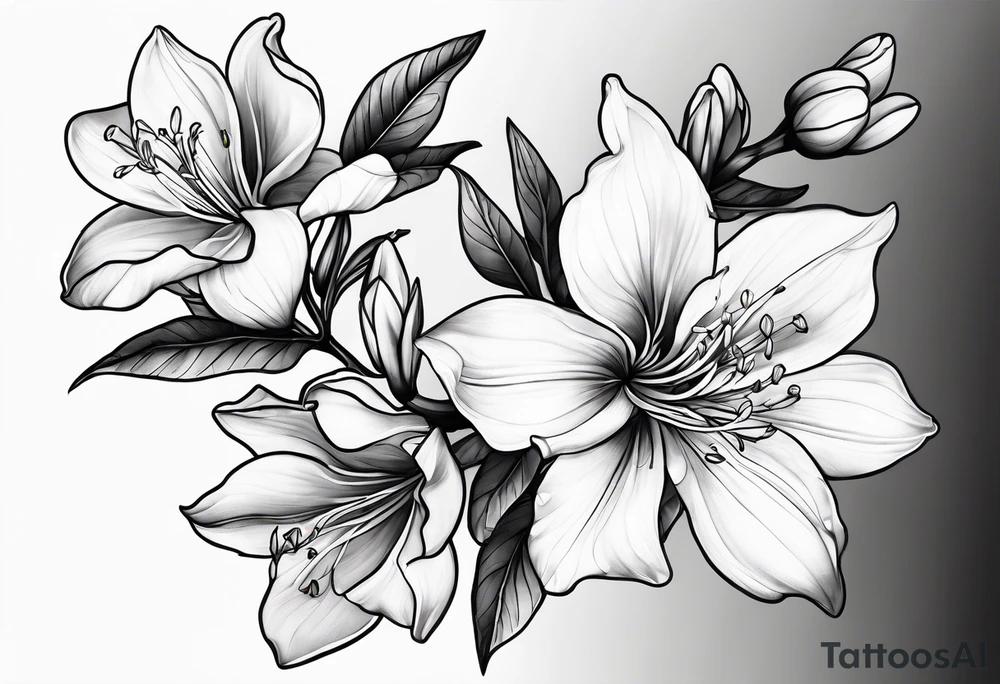 5-petal azaleas with buds along a long branch tattoo idea