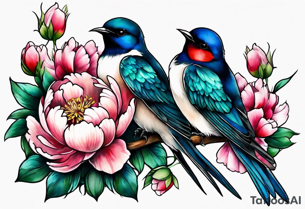 Two swallows with peonies tattoo idea