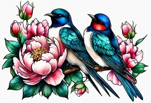 Two swallows with peonies tattoo idea