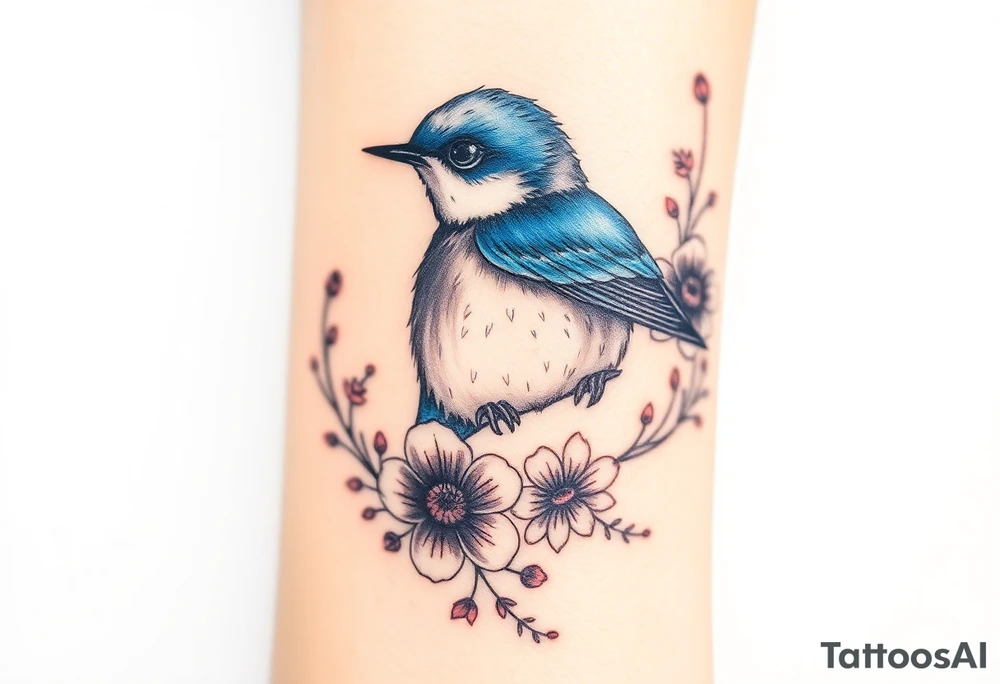Puffy bluebird surrounded by wild flowers tattoo idea