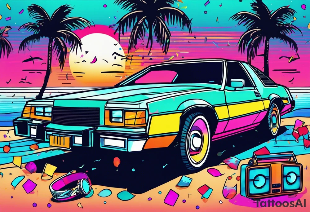 1980's miami vice style dance party with boom box, confetti, music notes in a retro eighties beach theme, no cars tattoo idea