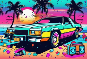 1980's miami vice style dance party with boom box, confetti, music notes in a retro eighties beach theme, no cars tattoo idea